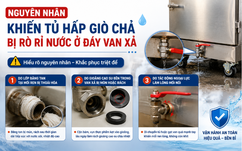 Nguyên nhân khiến tủ hấp giò chả bị rò rỉ nước ở đáy van xả