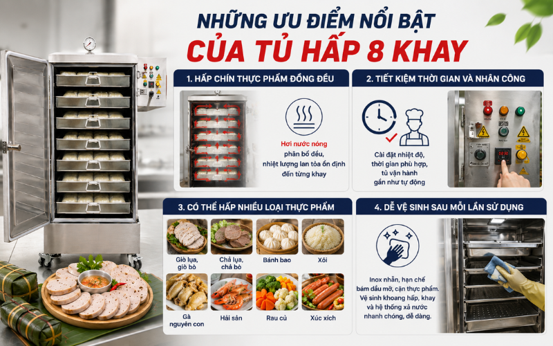 Những ưu điểm nổi bật của tủ hấp 8 khay