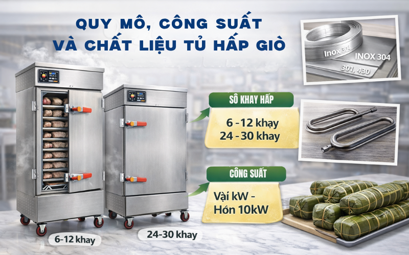 Quy mô, công suất và chất liệu tủ hấp giò