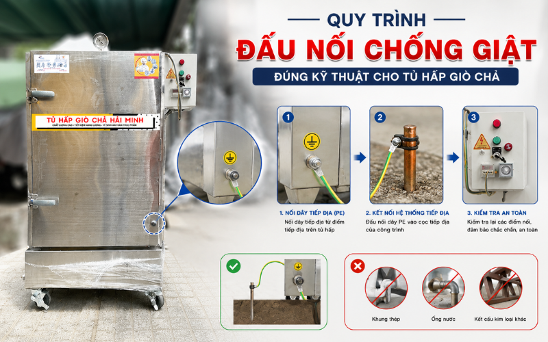 Quy trình đấu nối chống giật đúng kỹ thuật cho tủ hấp giò chả
