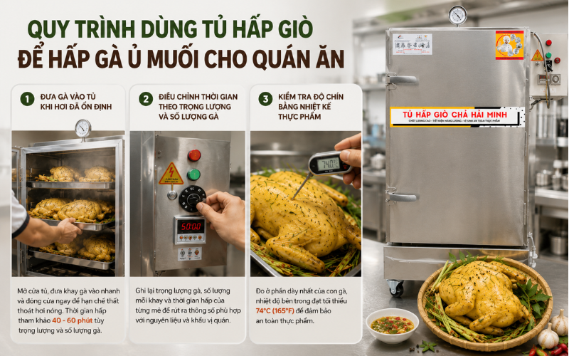 Quy trình dùng tủ hấp giò để hấp gà ủ muối cho quán ăn