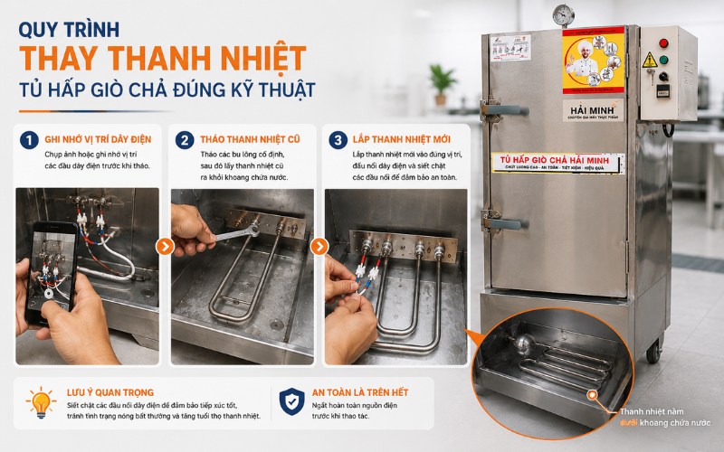 Quy trình thay thanh nhiệt tủ hấp giò chả đúng kỹ thuật