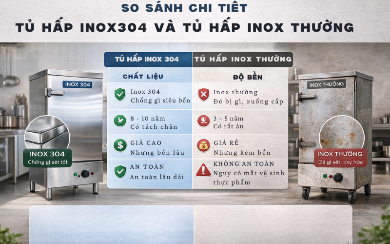 So sánh chi tiết tủ hấp inox 304 và tủ hấp inox thường