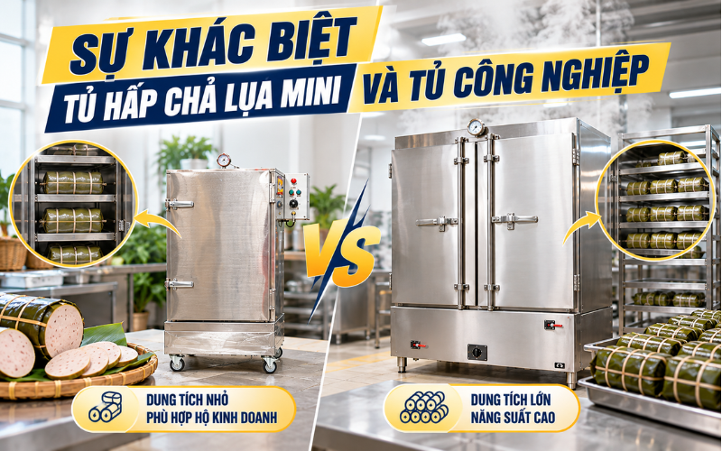 Sự khác biệt tủ hấp chả lụa mini và tủ công nghiệp