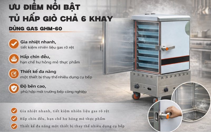Ưu điểm nổi bật của tủ hấp giò chả 6 khay dùng gas GHM-60 