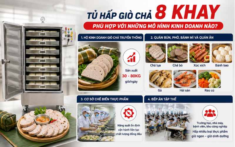 Tủ hấp giò lụa 8 khay phù hợp cho quán nào và năng suất bao nhiêu?