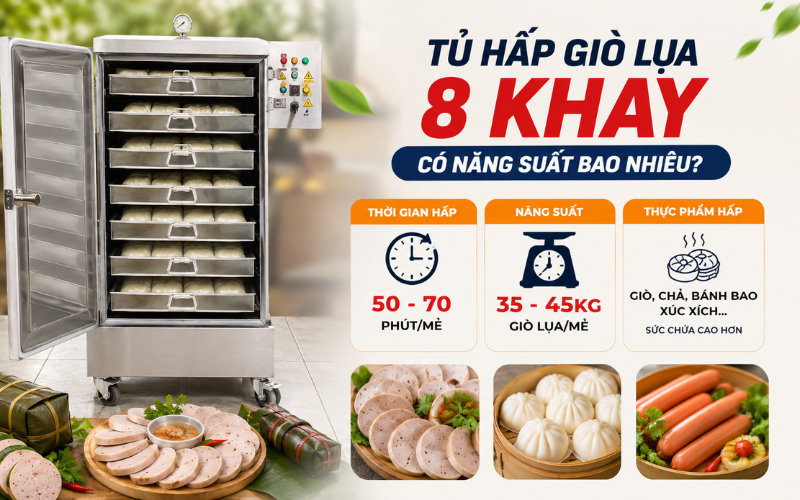 Tủ hấp giò lụa 8 khay có năng suất bao nhiêu
