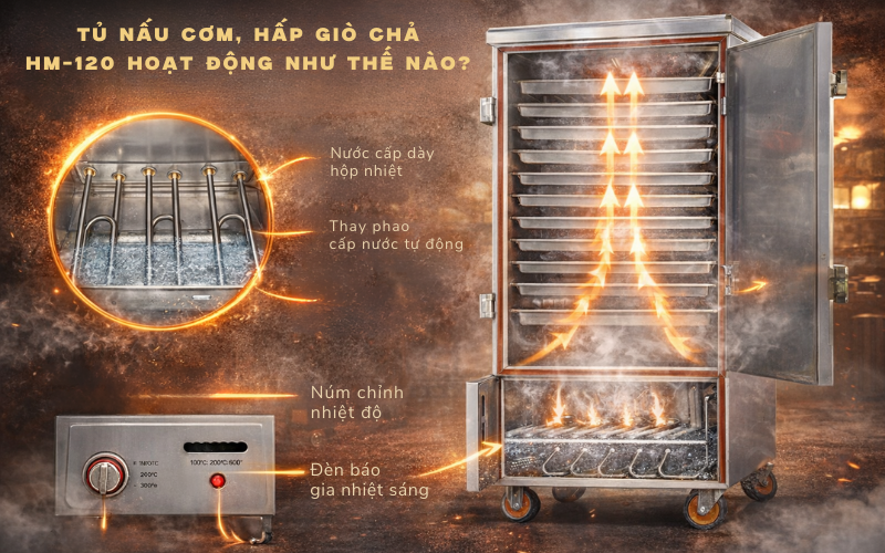 Tủ nấu cơm, hấp giò chả HM-120 hoạt động như thế nào?