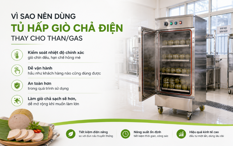 Vì sao nên dùng tủ hấp giò chả điện thay cho than/gas