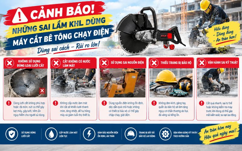 Cảnh báo! 5 sai lầm cần tránh khi dùng máy cắt bê tông chạy điện