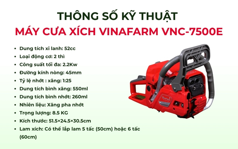 Thông số kỹ thuật máy cưa xích Vinafarm VNC-7500E