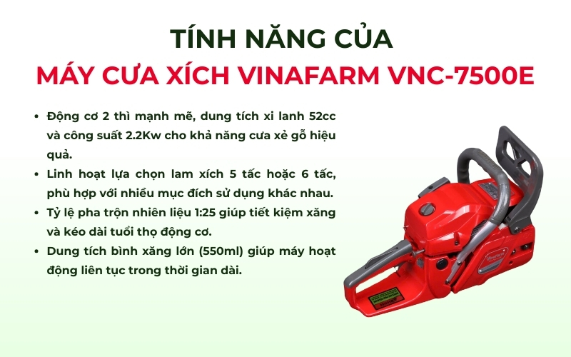 Các tính năng của máy cưa xích Vinafarm VNC-7500E