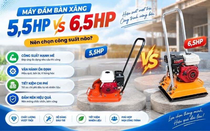 Máy đầm bàn xăng 5.5HP và 6.5HP: Nên chọn công suất nào?