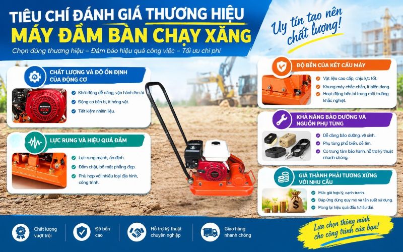 Tiêu chí đánh giá thương hiệu máy đầm bàn chạy xăng