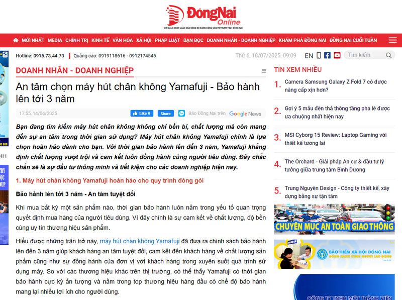 Máy hút chân không Yamafuji uy tín được nhiều báo chí khẳng định