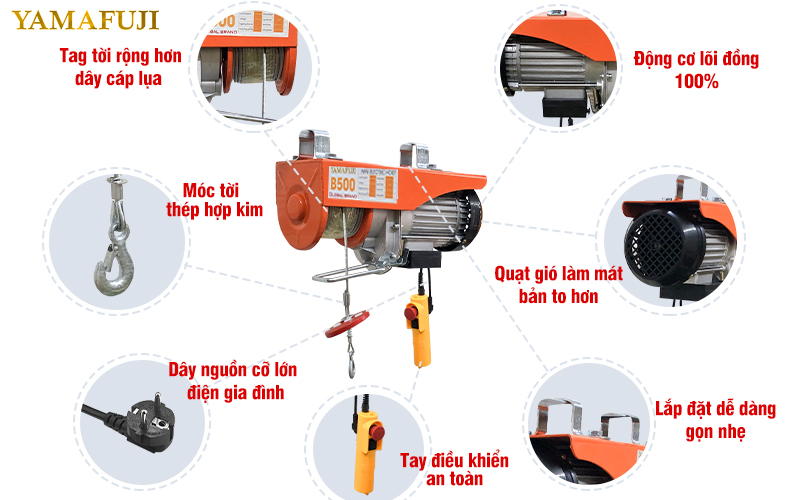 cấu tạo Máy tời điện mini Yamafuji B500 (đạt tải 100% cáp dài 22m)