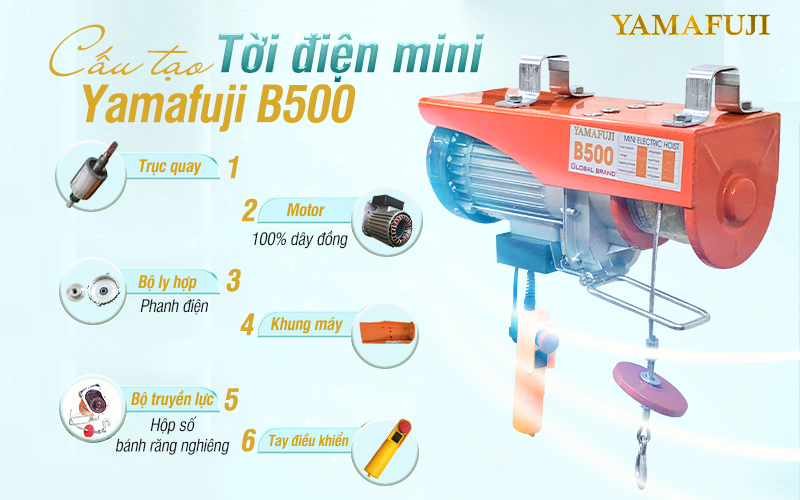cấu tạo Máy tời điện mini Yamafuji B500 (đạt tải 100% cáp dài 22m)