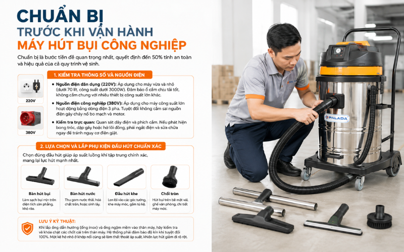 Chuẩn bị trước khi vận hành máy hút bụi công nghiệp