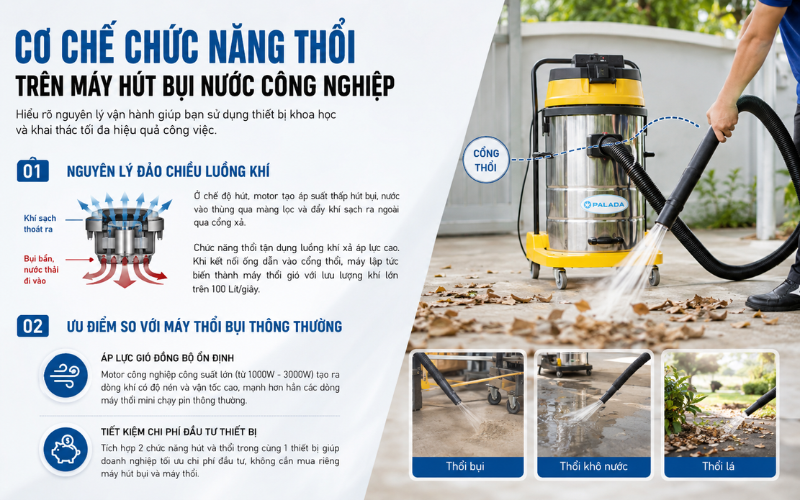 Cơ chế chức năng thổi trên máy hút bụi nước công nghiệp