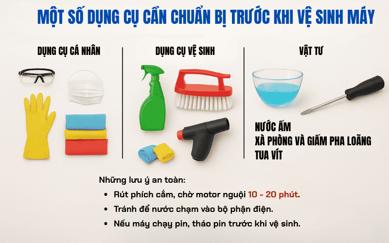 Một số dụng cụ cần chuẩn bị trước khi vệ sinh máy