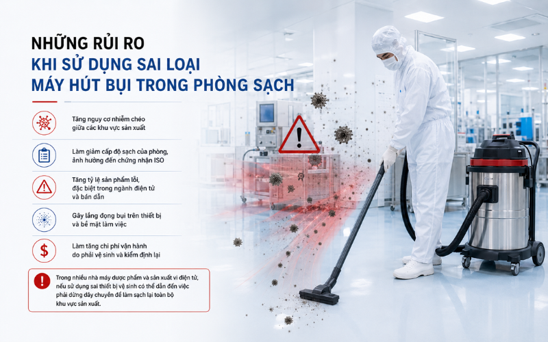 Những rủi ro khi sử dụng sai loại máy hút bụi trong phòng sạch