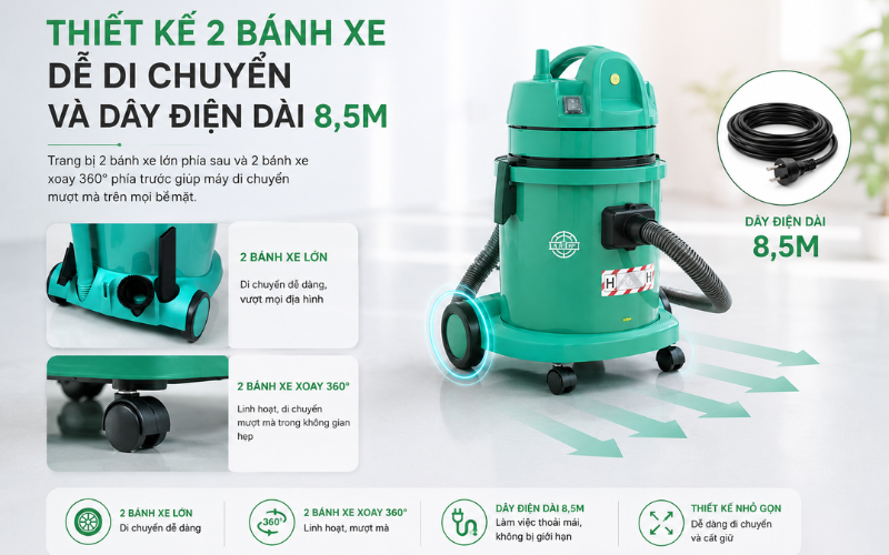 Thiết kế 2 bánh xe dễ di chuyển và dây điện dài 8,5m