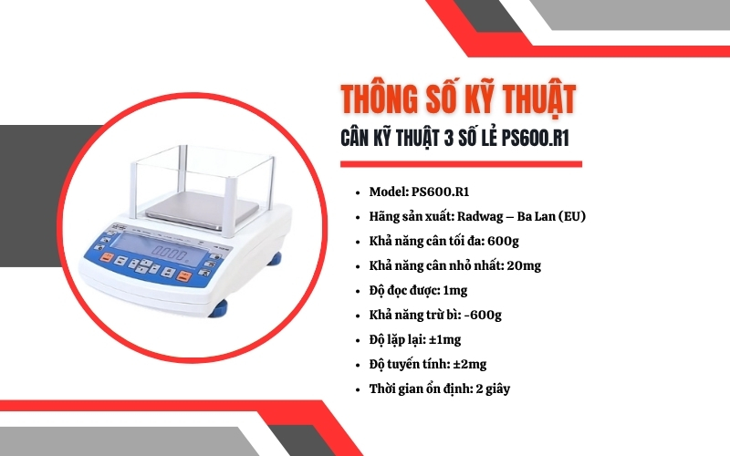 Thông số kỹ thuật của cân kỹ thuật 3 số lẻ PS600.R1