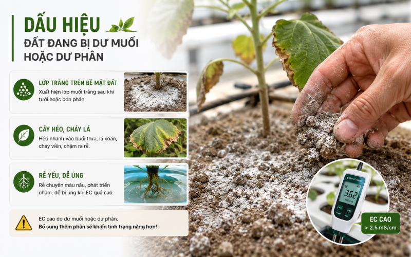 Dấu hiệu đất đang bị dư muối hoặc dư phân