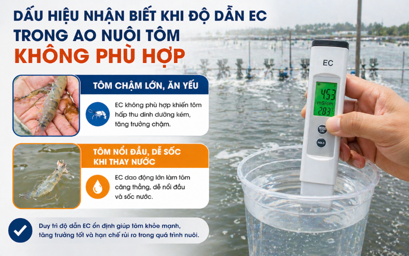 Dấu hiệu nhận biết khi độ dẫn EC trong ao nuôi tôm không phù hợp