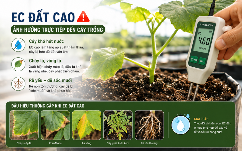 EC đất cao ảnh hưởng trực tiếp đến cây trồng như thế nào