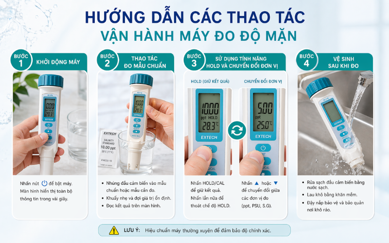 Hướng dẫn các thao tác vận hành máy đo độ mặn cầm tay