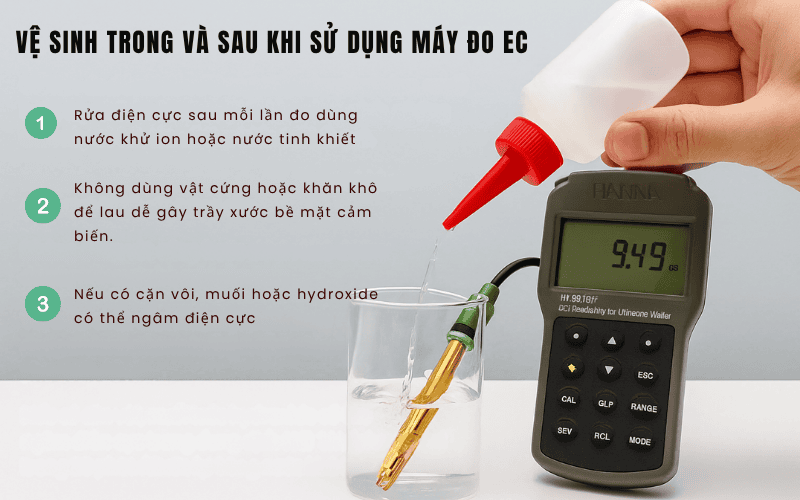Vệ sinh trong và sau khi sử dụng máy đo EC