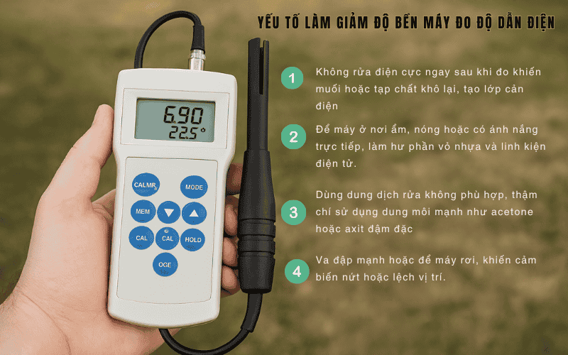 Yếu tố làm giảm độ bền máy đo độ dẫn điện