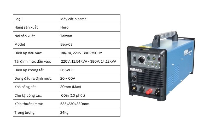 Thông số kỹ thuật của máy Plasma Hero Bep 63
