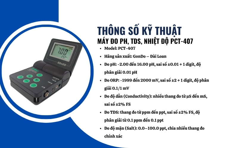 Thông số kỹ thuật của máy đo pH, TDS, nhiệt độ PCT-407