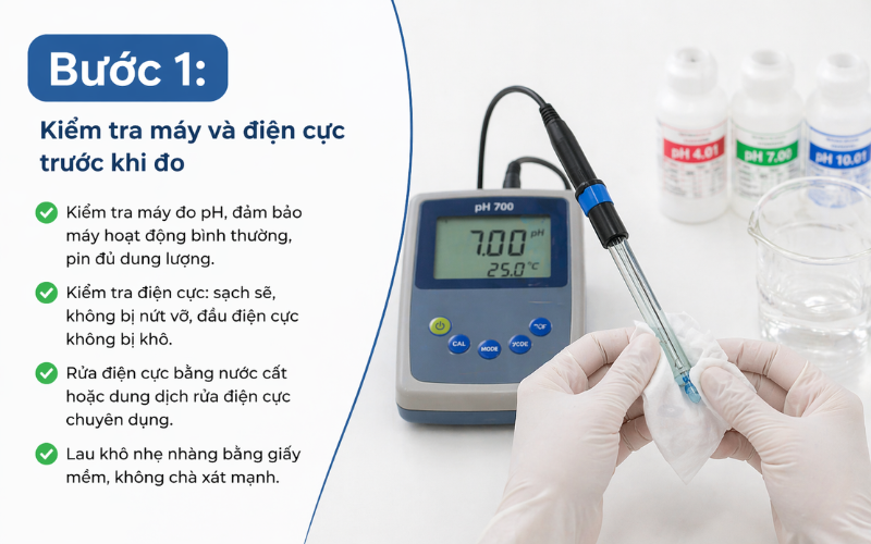 Bước 1: Kiểm tra máy và điện cực trước khi đo
