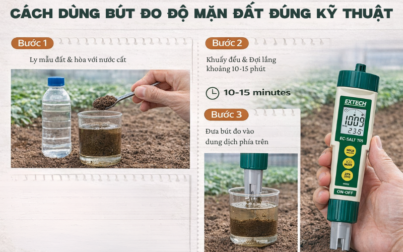 Cách dùng bút đo độ mặn đất đúng kỹ thuật