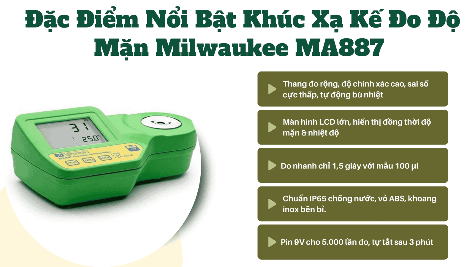 Đặc trưng nổi bật khúc xạ kế đo độ mặn Milwaukee MA887
