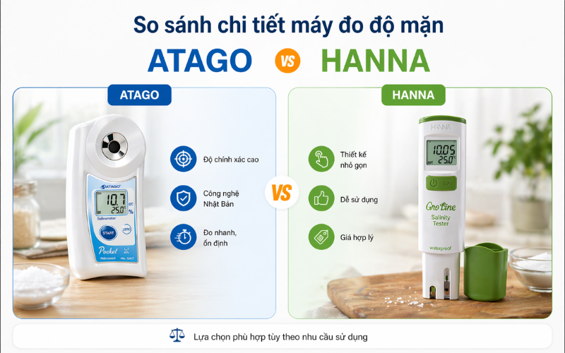 So sánh chi tiết máy đo độ mặn Atago và Hanna