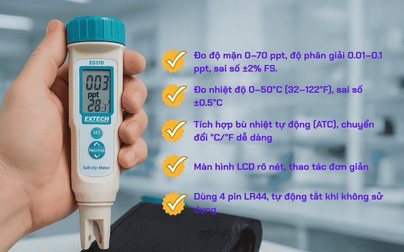 Ưu điểm nổi bật của máy đo độ mặn, nhiệt độ Extech EC170