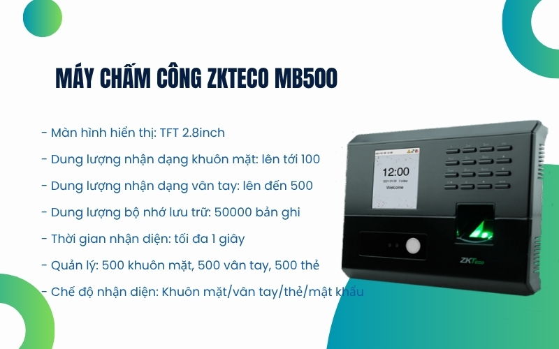 Máy chấm công khuôn mặt vân tay ZKTeco MB500-VL