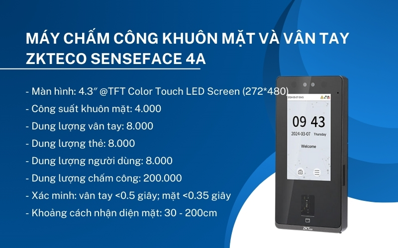 Máy chấm công khuôn mặt và vân tay ZKTeco Senseface 4A