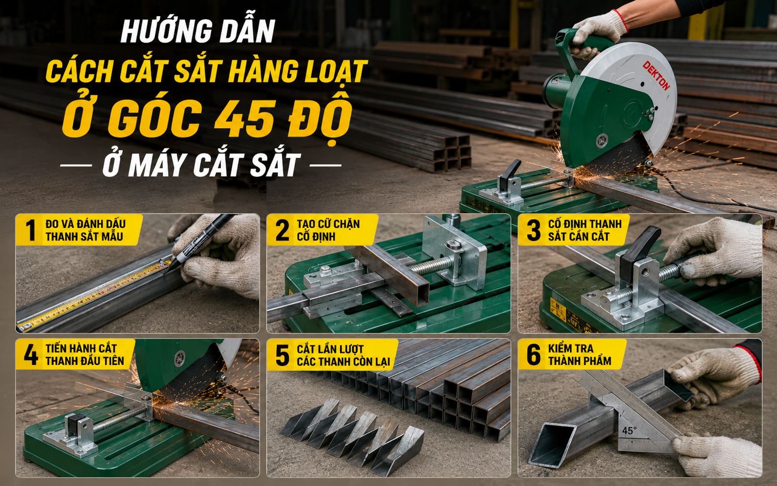 Hướng dẫn cách cắt sắt hàng loạt ở góc 45 độ ở máy cắt sắt