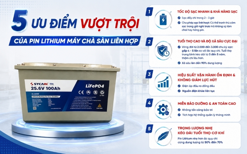 5 ưu điểm vượt trội của pin lithium máy chà sàn liên hợp