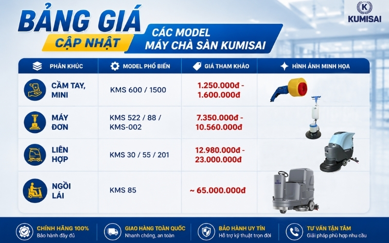 Bảng giá cập nhật các model máy chà sàn Kumisai