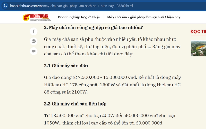 Báo Bình Thuận - Chi phí đầu tư máy chà sàn