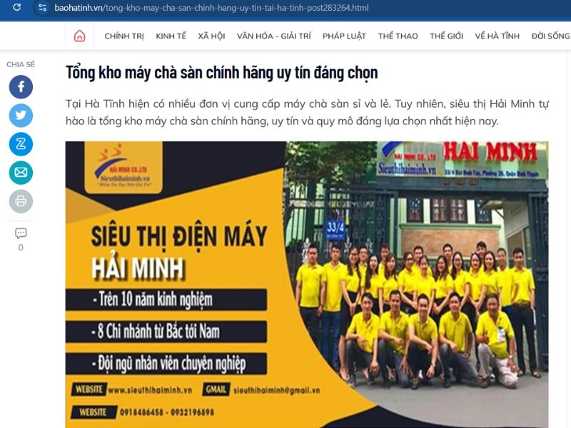Báo baohatinh.vn nói gì trong bài viết review máy chà sàn Hải Minh