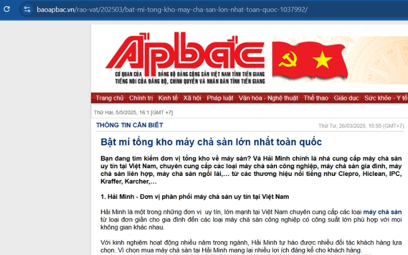 Báo Ấp Bắc đề cập đến Hải Minh - đơn vị  bán máy chà sàn uy tín nên đầu tư