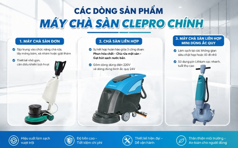 Các dòng sản phẩm máy chà sàn Clepro chính