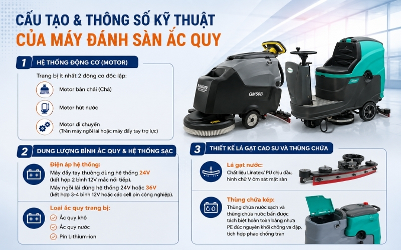 Cấu tạo & thông số kỹ thuật của máy đánh sàn ắc quy